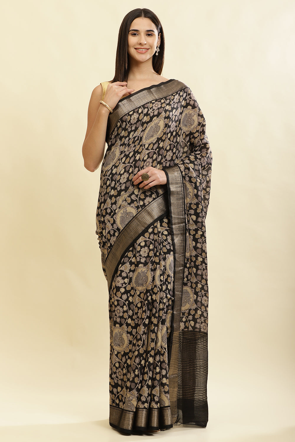 Black Floral Printed & Zari Border Cotton Silk Saree