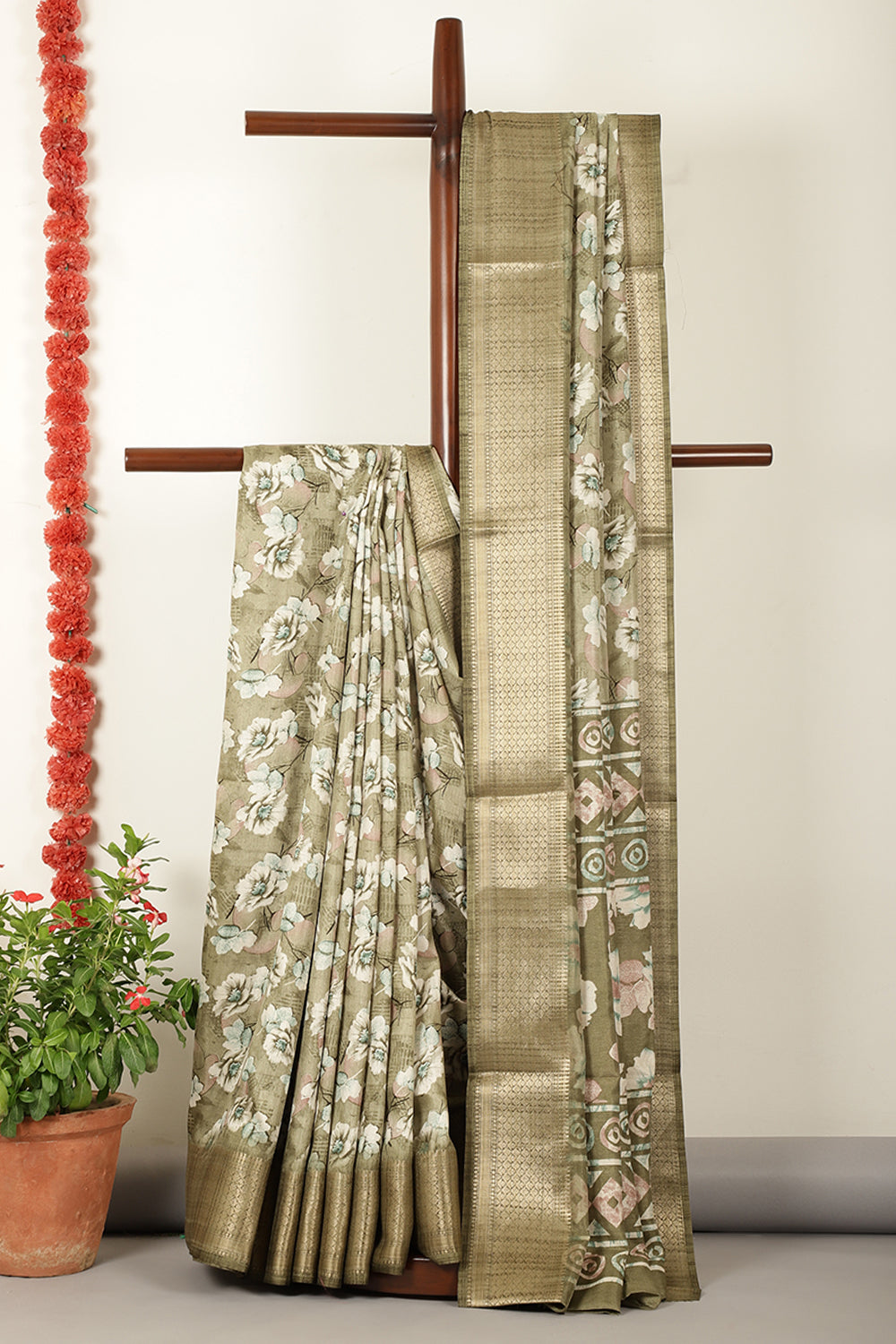 Sage Green Floral Printed Cotton Silk Saree