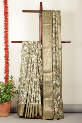 Sage Green Floral Printed Cotton Silk Saree