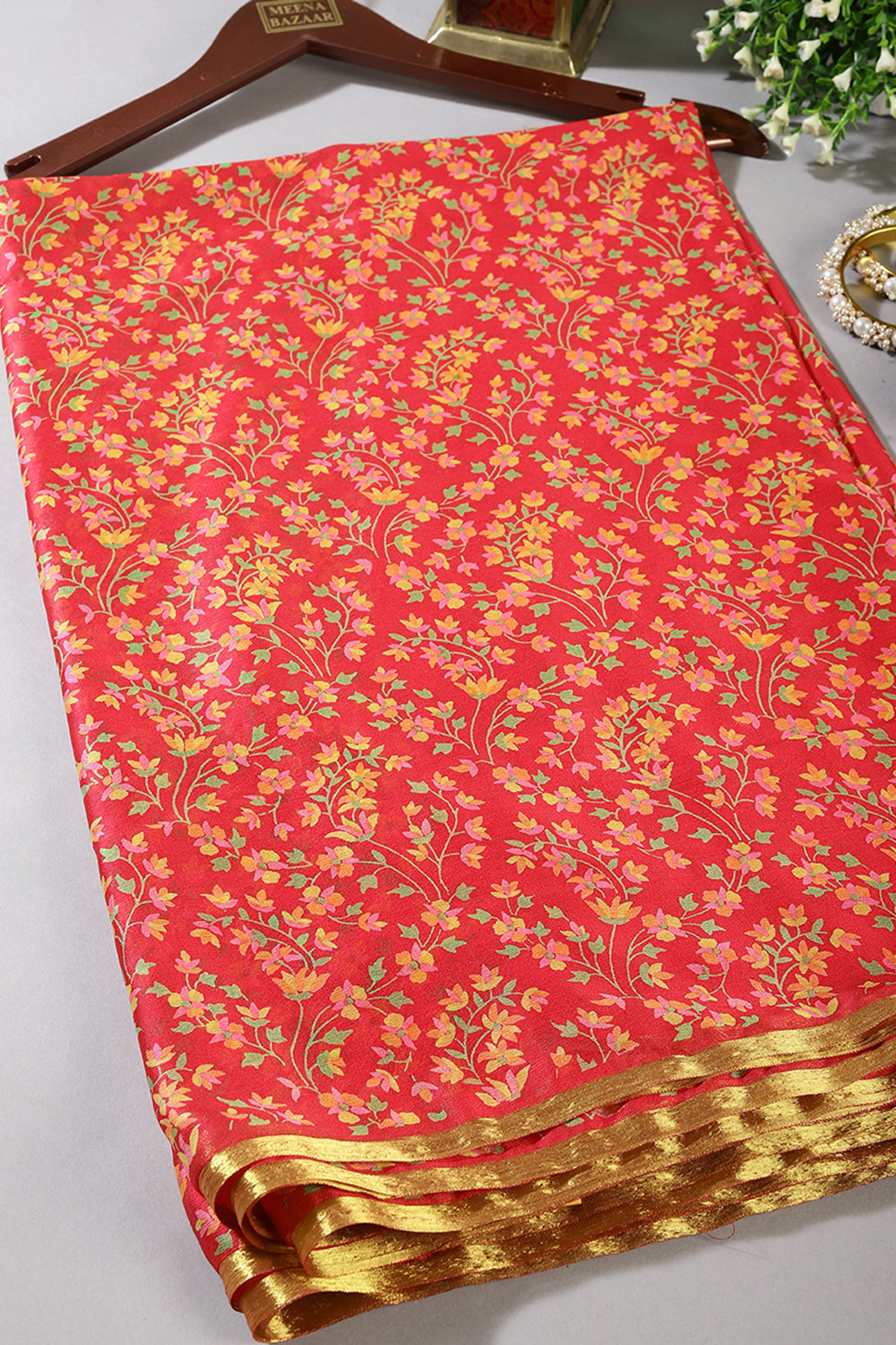Dark Coral Color Chiffon Floral Zari Border Printed Saree