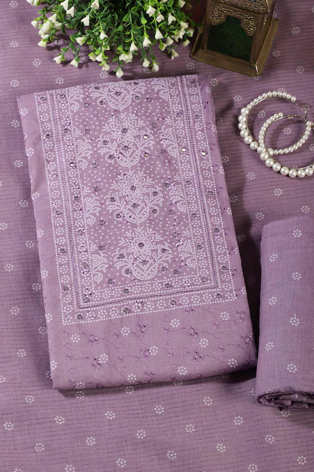 Purple Color Resham & Mirror Embroidered Cotton Unstitched Suit Fabric