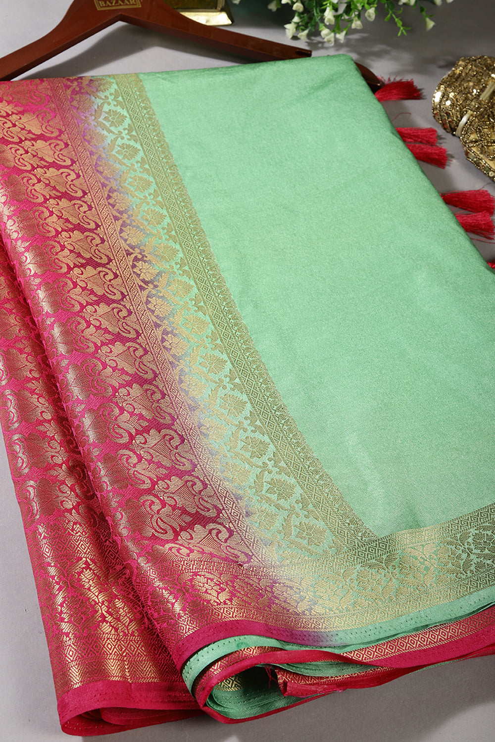 Pista Green & Magenta Ombré  Silk Zari Woven Saree