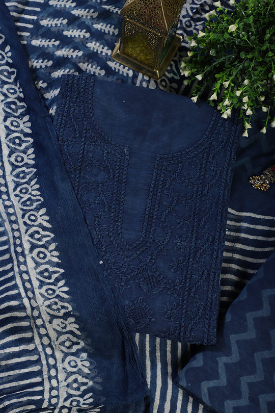 Blue Cotton Resham Embroidered Unstitched Suit Material