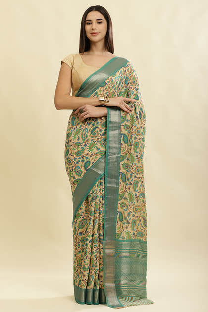 Sea Green & Beige Cotton Silk Floral Boota Printed Saree