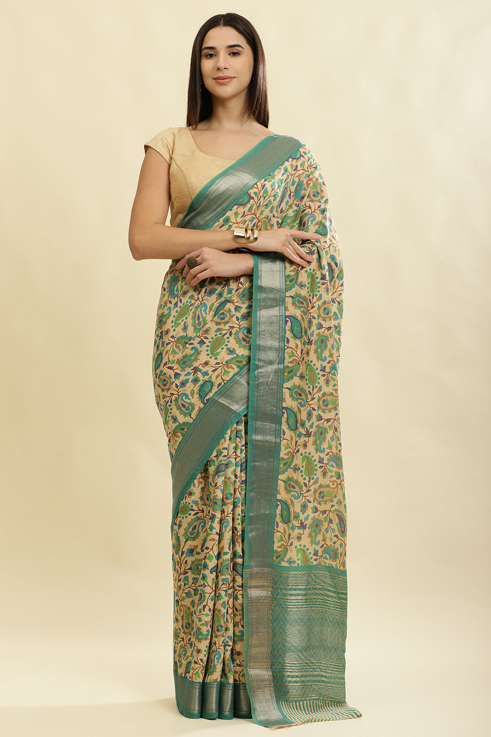 Sea Green & Beige Cotton Silk Floral Boota Printed Saree