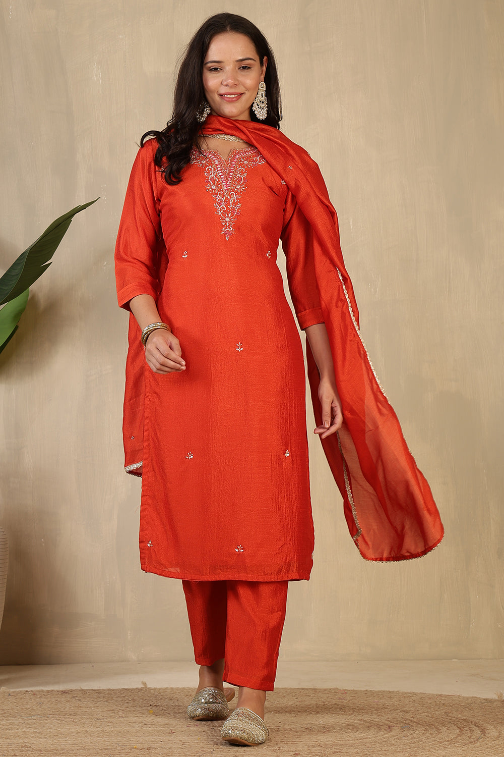 Rust Crepe Silk Neck Embroidered Suit
