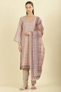 Beige Cotton Floral Printed And Neck-EmborideredUnstitched Suit Material