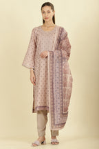 Beige Cotton Floral Printed And Neck-EmborideredUnstitched Suit Material