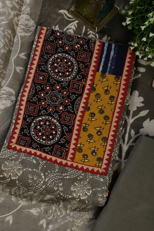 Greyish Green Cotton Printed and Mirror Work Unstitched Suit Material