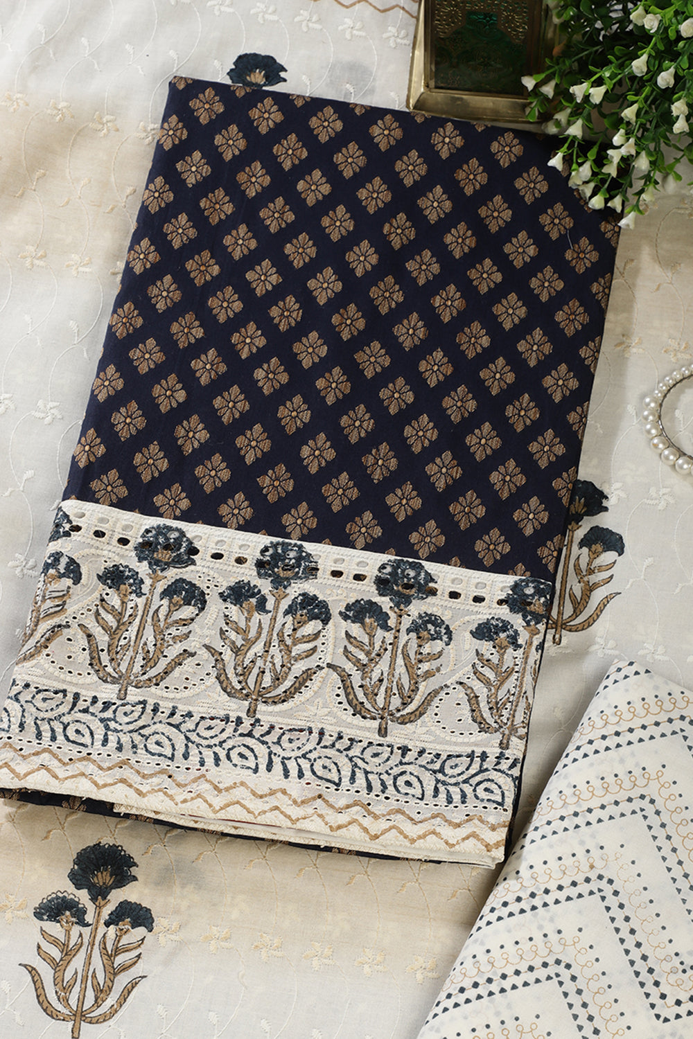 Navy Cotton Woven And Lace Work Unstitched Suit Material