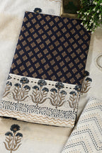 Navy Cotton Woven And Lace Work Unstitched Suit Material