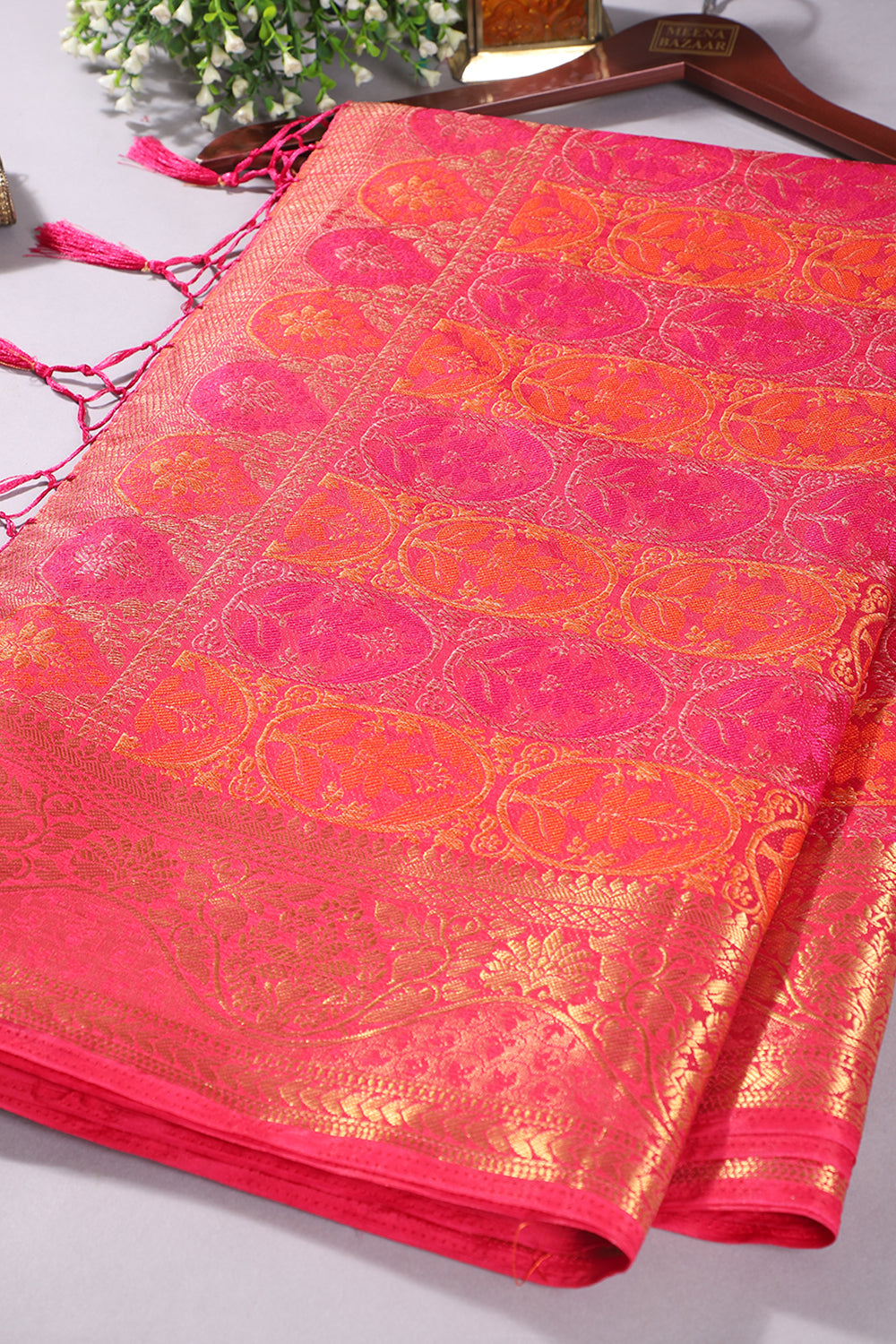 Watermelon Colour Tussar Woven Silk Saree (Copy)