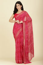 Magenta Pink Color Chiffon Bandhani Printed Saree