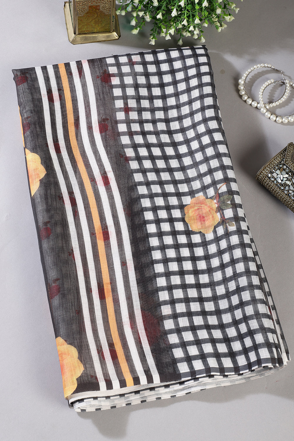 Black Cotton Printed Saree