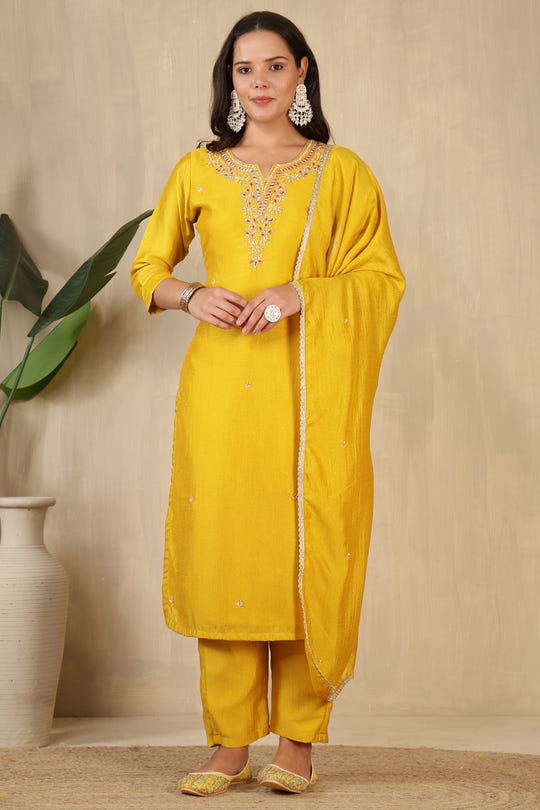 Mustard Crepe Silk Neck Embroidered Suit