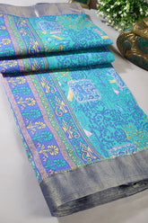 Teal Green & Blue Color Geometric Printed Tussar Silk Saree