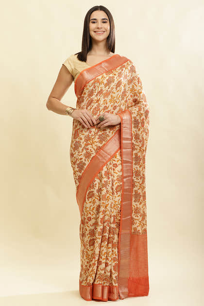 Beige & Orange Cotton Silk Floral Printed Saree
