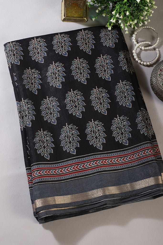 Black Cotton Silk Block Printed Saree