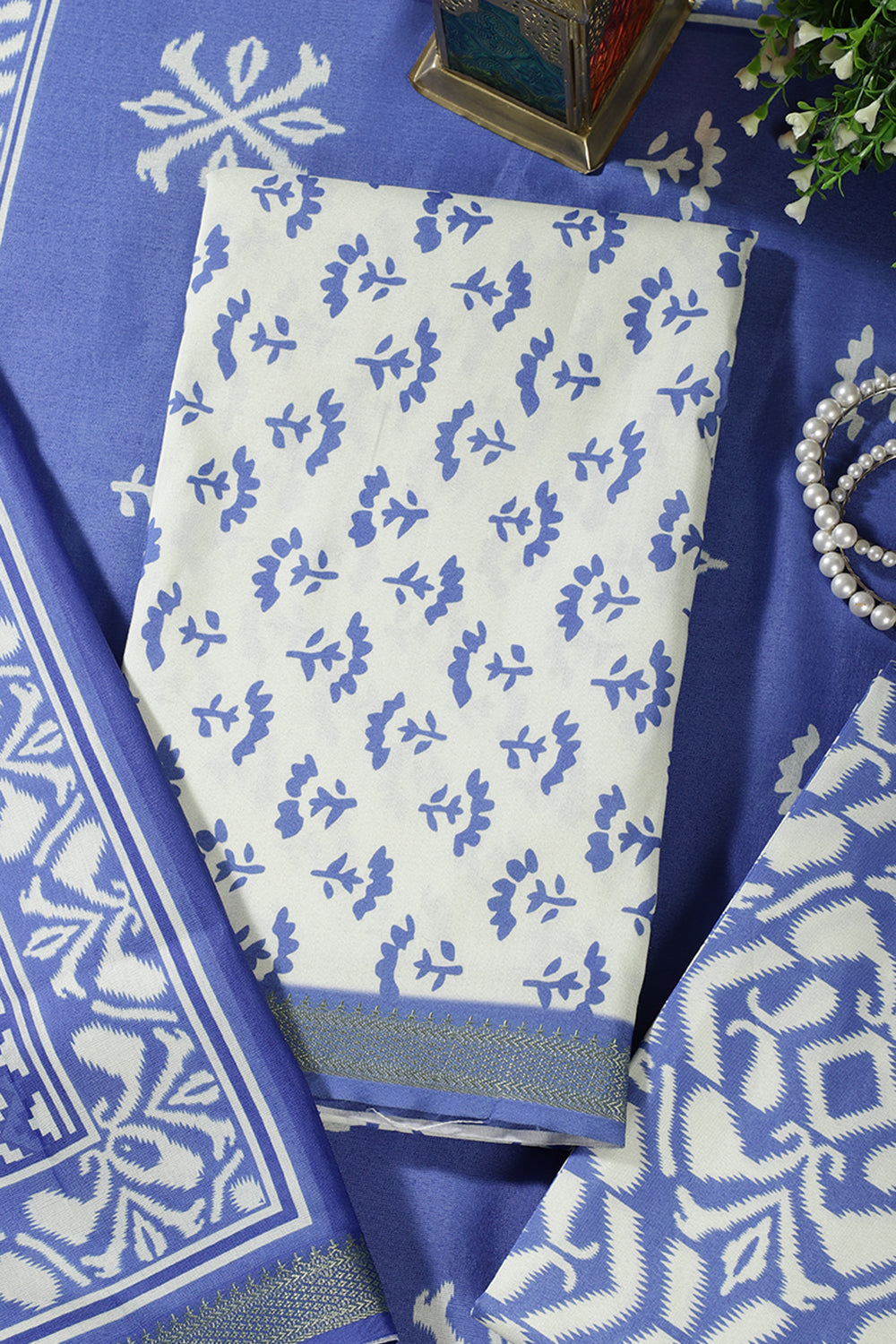 Blue Floral Block Print Cotton Unstitched Suit Fabric