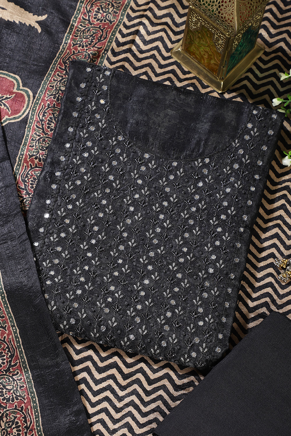Black Tissue Silk Mirror & Resham work Unstitched Suit Material
