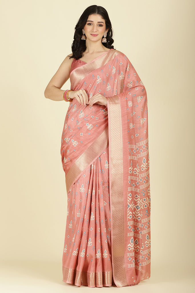 Peach Cotton Silk Printed And Zari Woven Saree