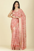 Peach Cotton Silk Printed And Zari Woven Saree