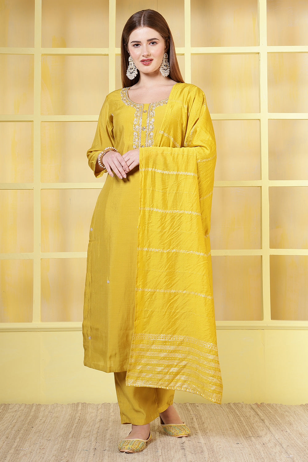 Mustard Silk Cut-Dana And Pearl Embroidered Suits