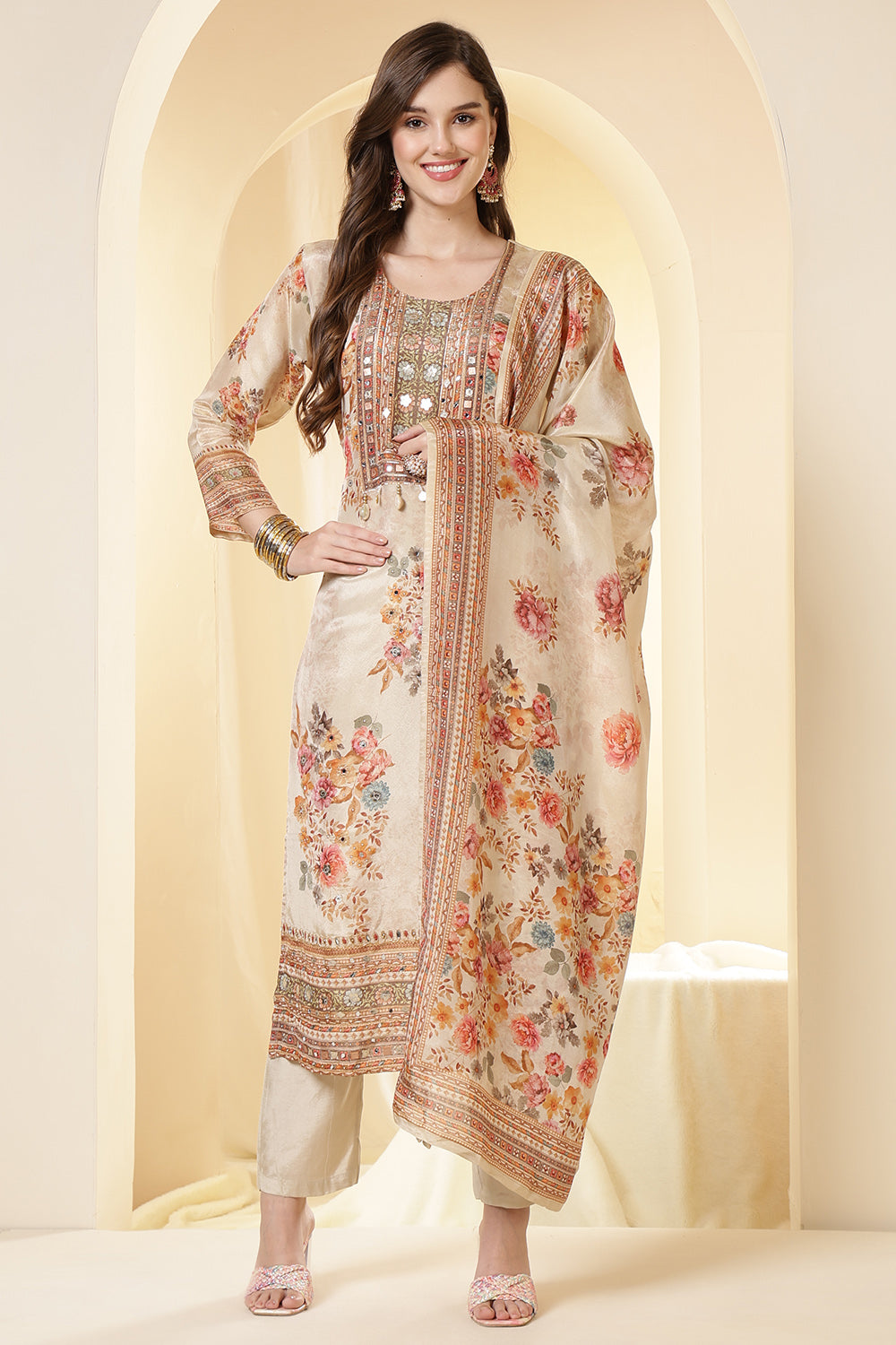 Tussar Color Shimmer Tissue Printed & Embroidered Suit Set