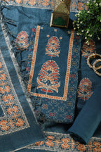 Blue Tussar Silk Printed Unstitched Suit Material