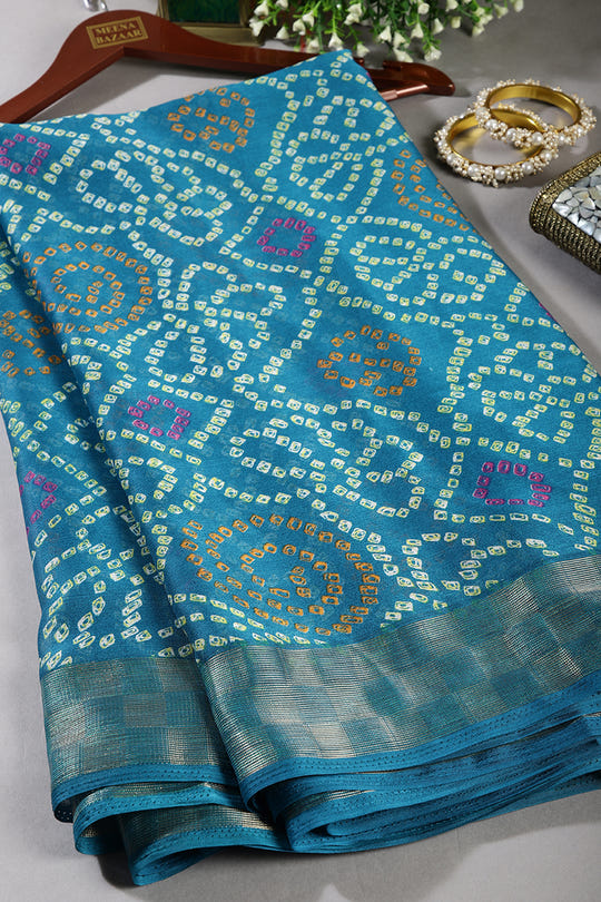 Muted Blue Color Chiffon Bandhani Printed Saree