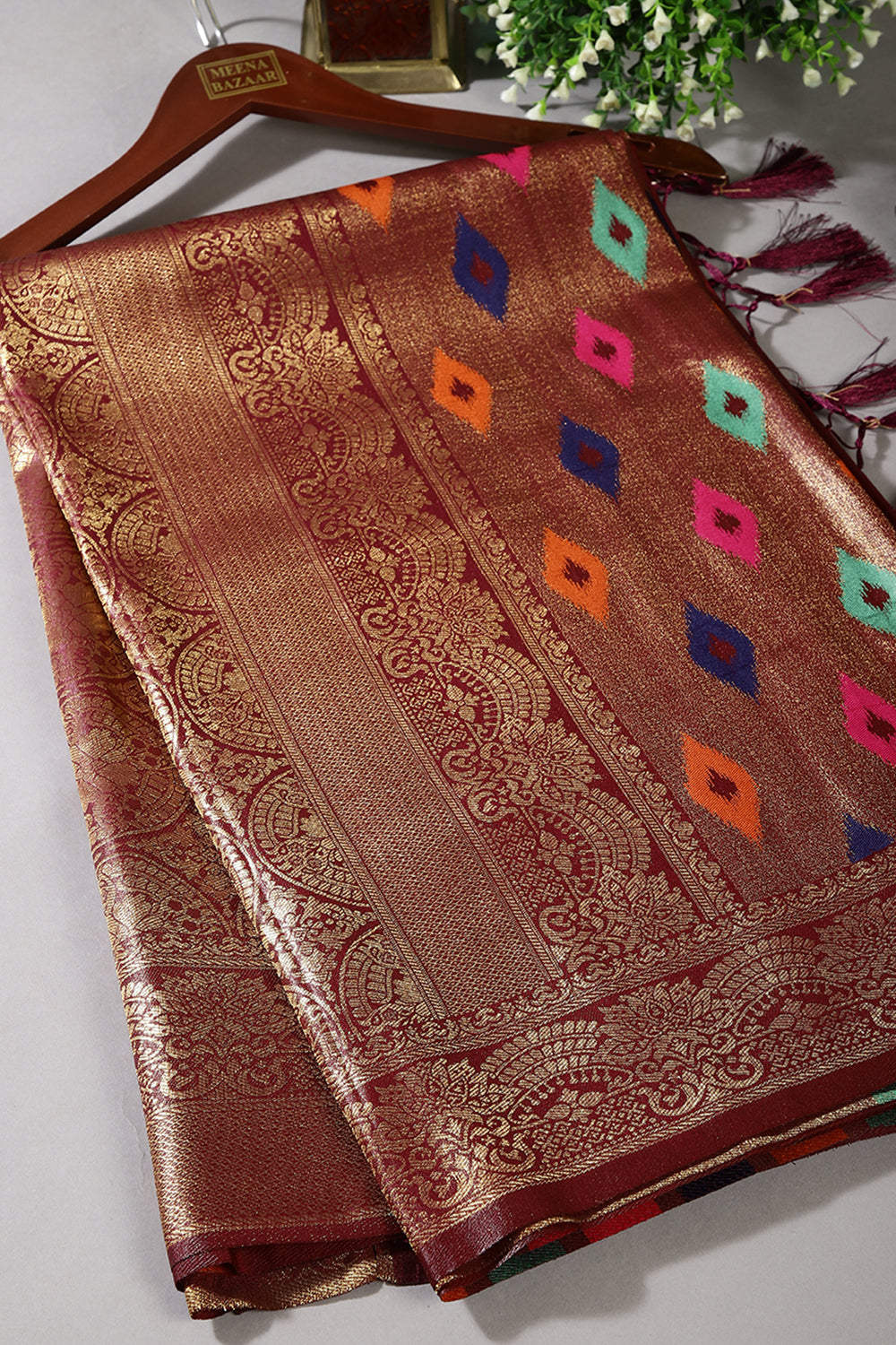 Dark Scarlet Color Silk Resham and Zari Woven Saree