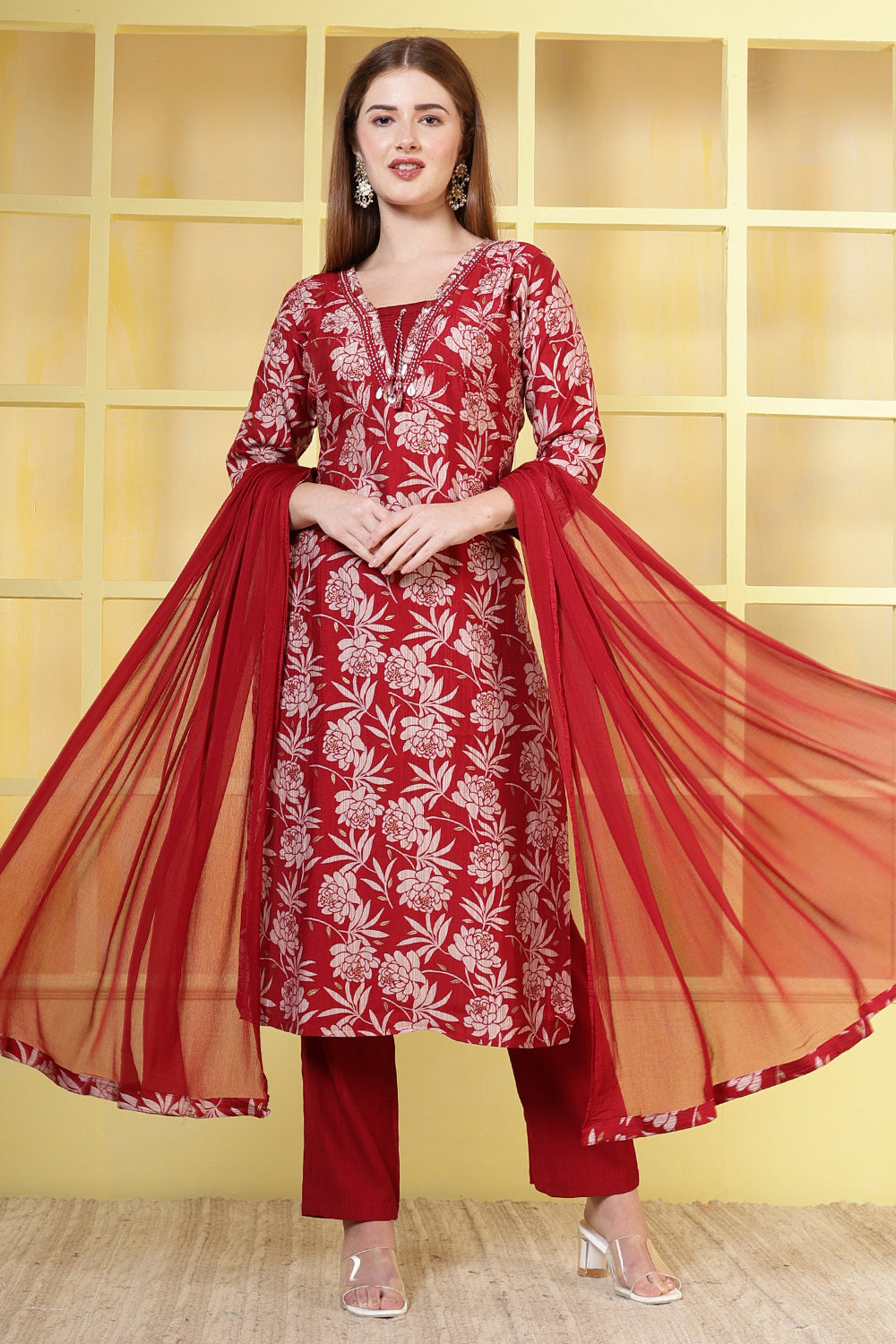 Maroon Floral Printed Cotton Suit Set