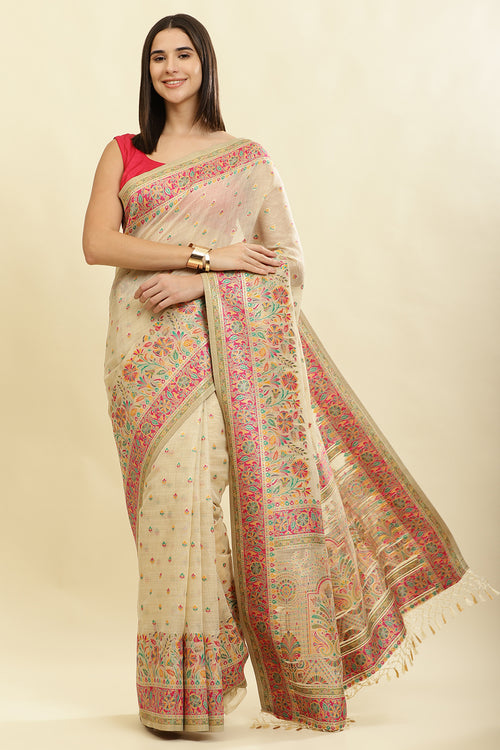 Beige Chanderi Cotton kashida Weaves Saree
