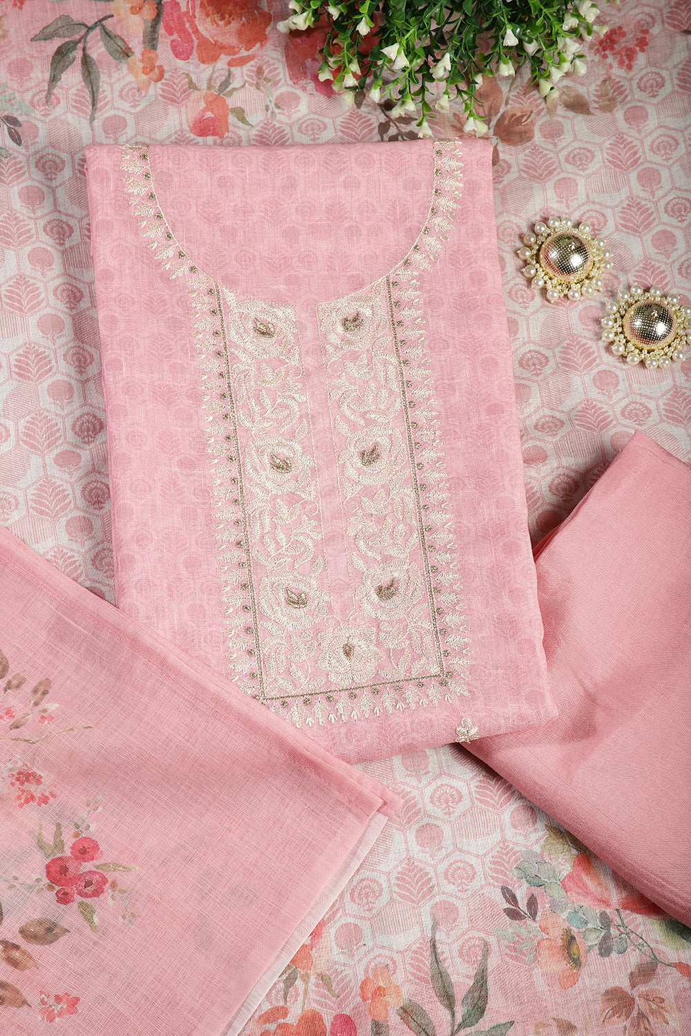 Pink Color Linen Embroidery Self Print Unstitched Suit Material