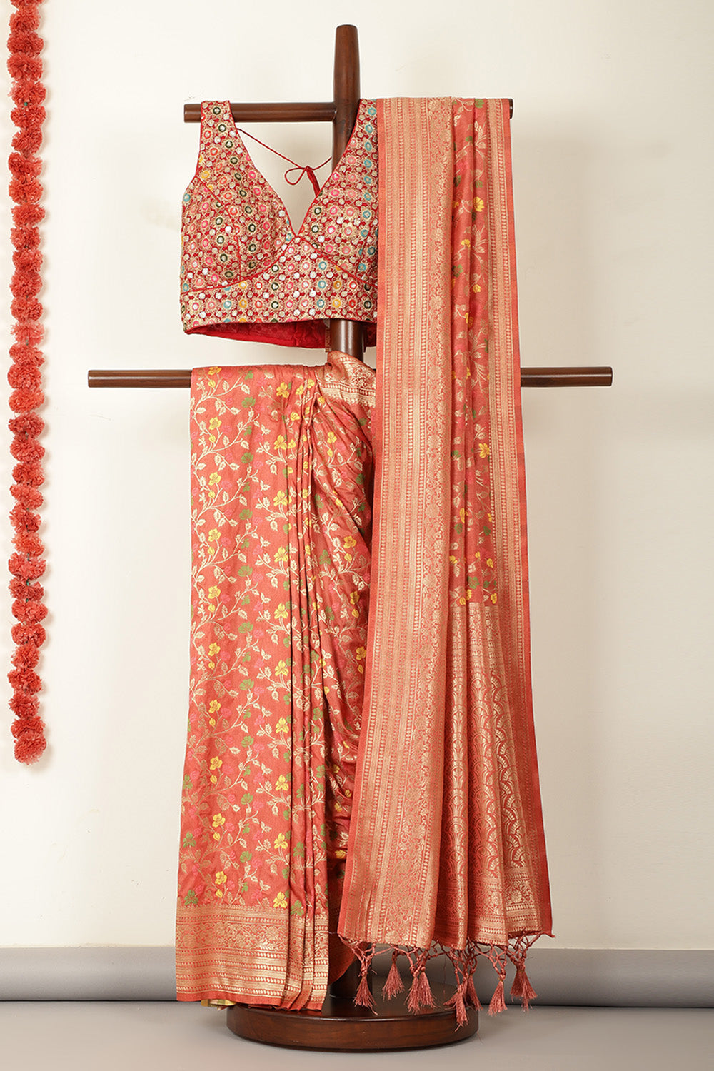 Peach Silk Zari & Resham Woven Saree