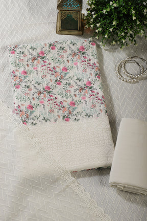 Cream & Pink Cotton Chikankari Embroidered Floral Printed Unstitched Suit