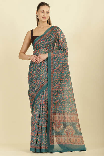 Teal Green Floral Printed Cotton Silk Saree
