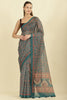 Teal Green Floral Printed Cotton Silk Saree