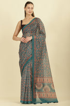Teal Green Floral Printed Cotton Silk Saree