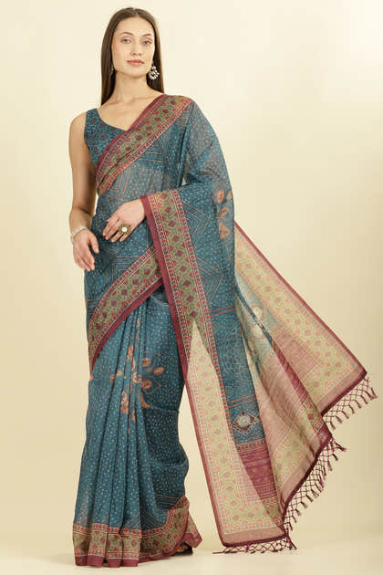 Blue Organza Cotton Bandhani Block Printed Saree