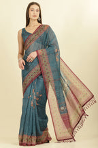 Blue Organza Cotton Bandhani Block Printed Saree