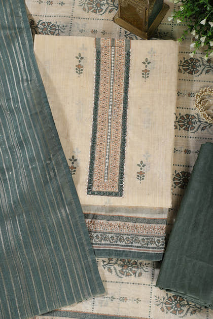 Beige & Green Chanderi Cotton Floral Printed And Neck Embroidered Unstitched Suit Material Unstitched Suit Fabric