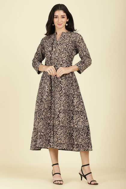 Black Cotton Kalamkari Printed Peonies Dress Meena Bazaar Shop Black Cotton Kalamkari Printed Peonies Dress Meena Bazaar Shop