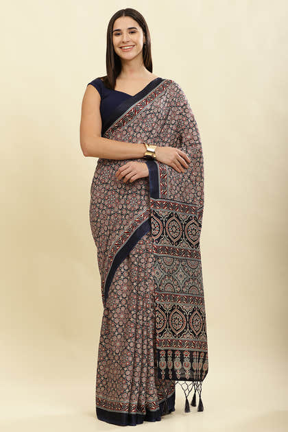 Navy Cotton Silk Ajrakh Block Printed Saree