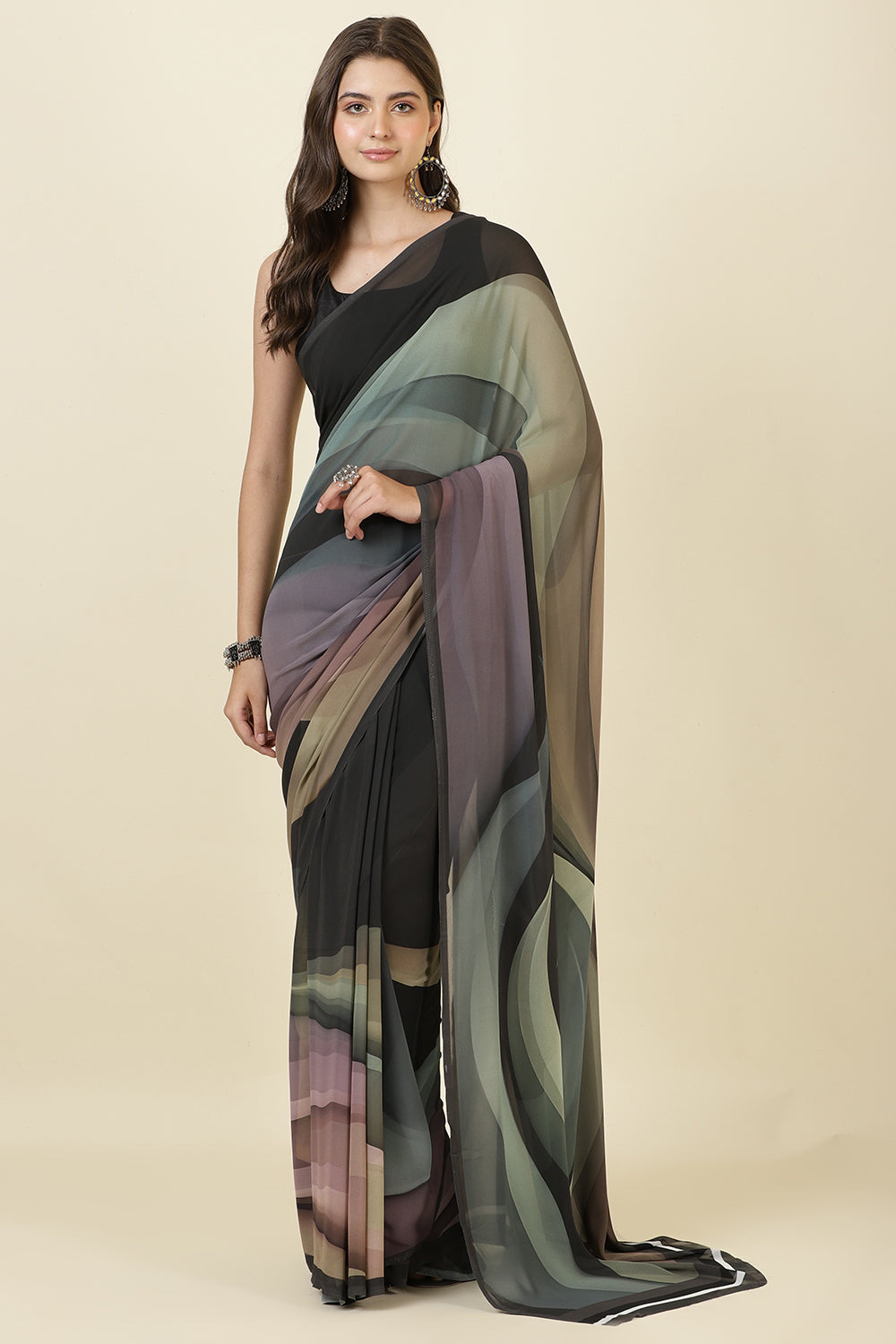 Grey Printed Georgette Saree