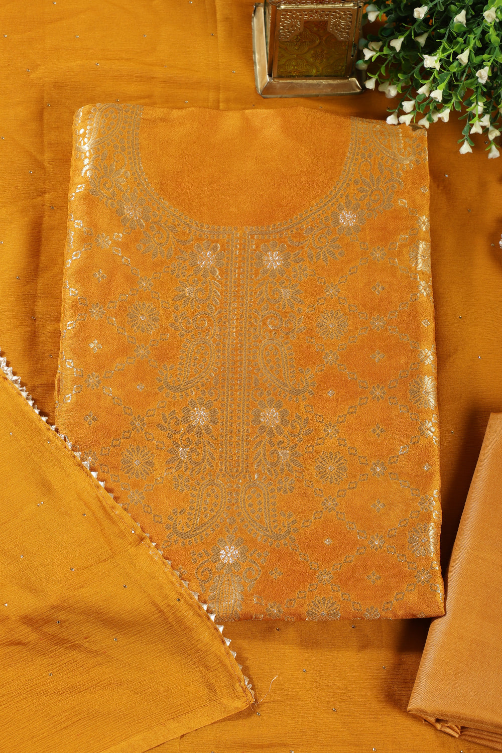 Mustard Silk Banarsi Zari Woven Unstitched Suit Fabric