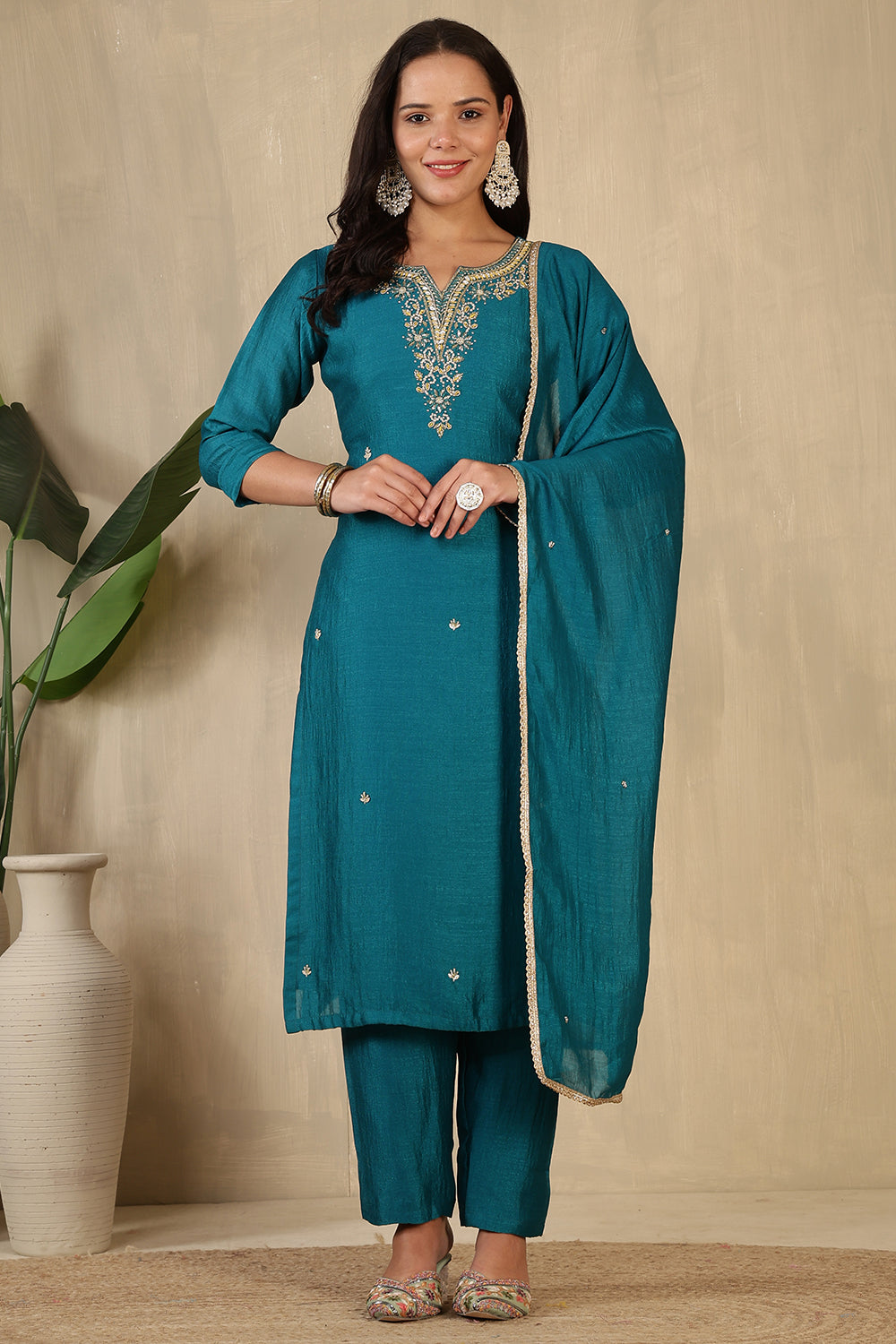 Teal Crepe Silk Neck Embroidered Suit