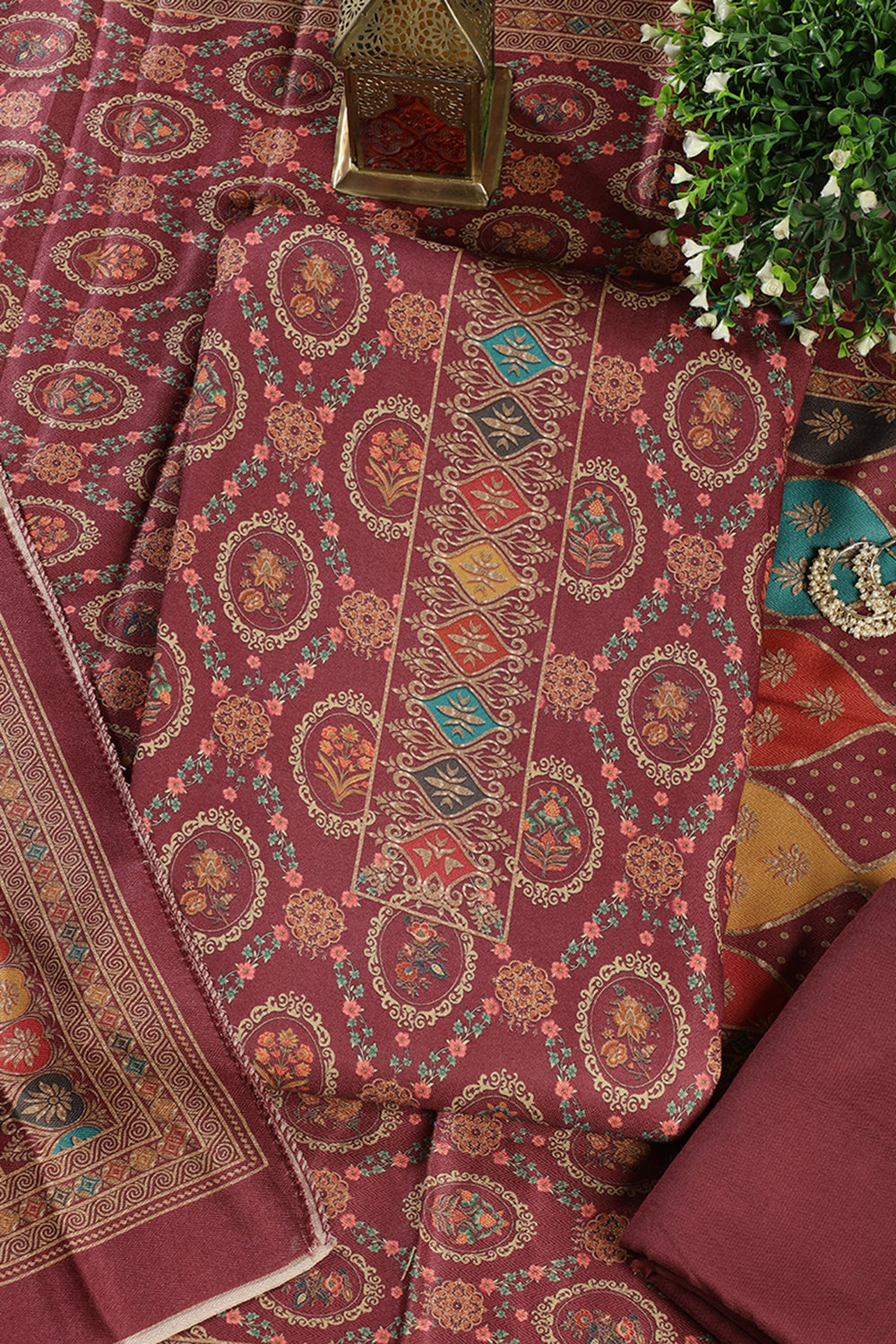 Wine Pashmina Digital Printed Unstitched Suit Material