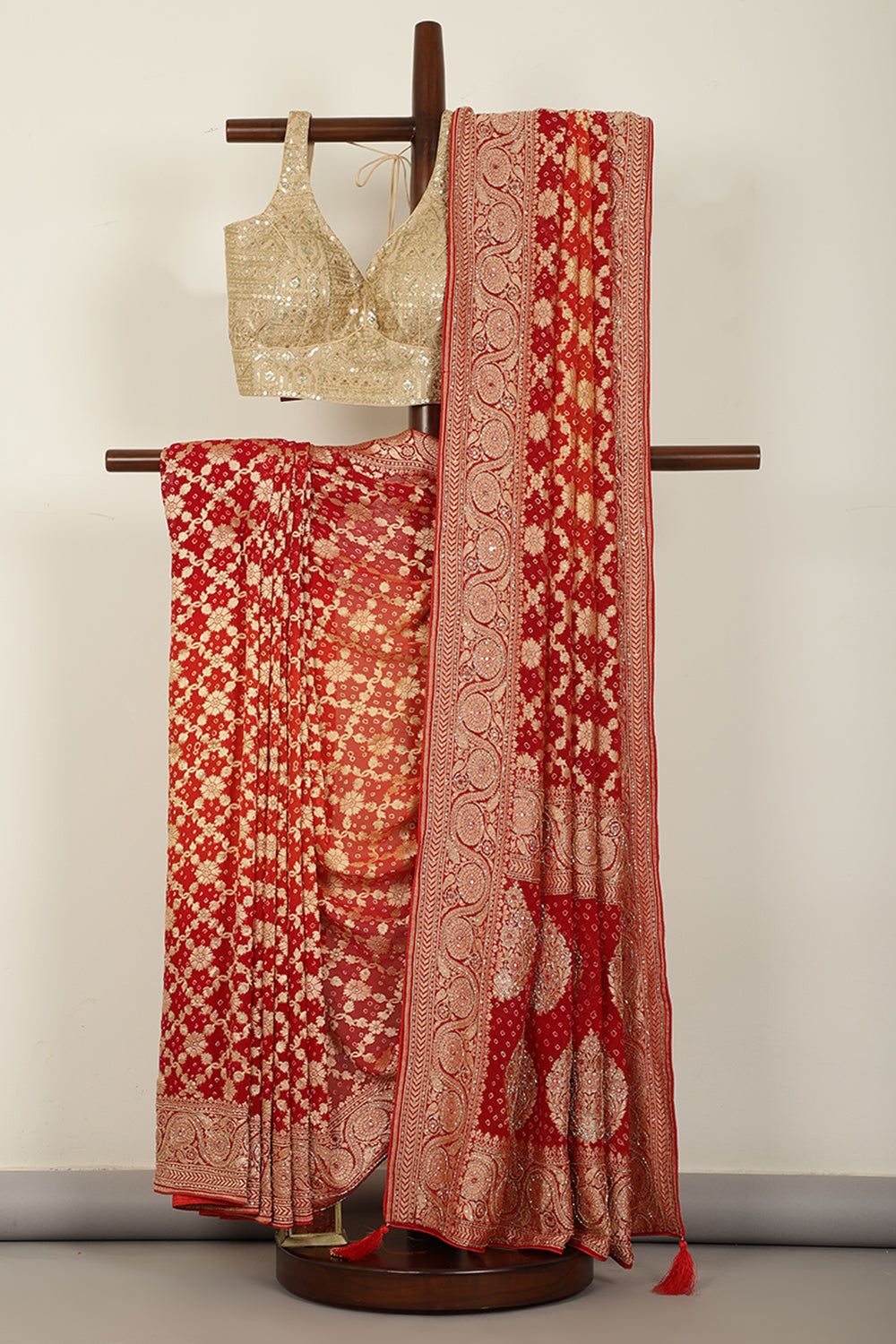 Red Pure Khaddi Georgette Banarasi Saree with Zardozi & Cutdana Handwork