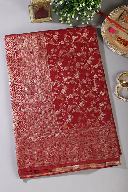 Maroon Floral Zaal Woven Silk Banarasi Saree